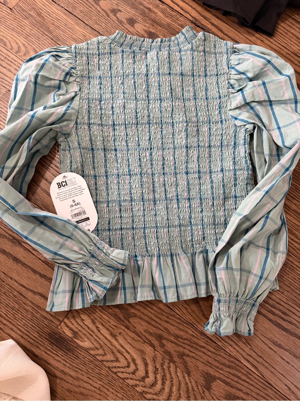 Smocked Plaid Long-Sleeve Top in Light Blue -girls size 6